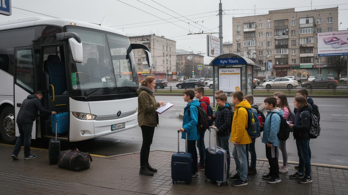 Tour leader checking a student group onto a coach in Kyiv before departure