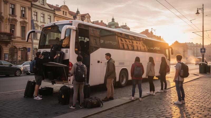 Students loading luggage into a coach on a cobbled street in Prague at sunrise