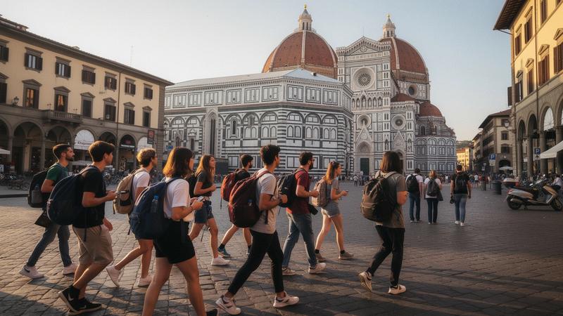 Student group with backpacks walking past the Duomo in Florence in morning light