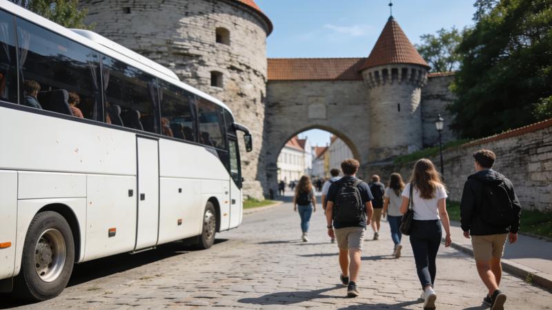 Coach parked near the old town walls of Tallinn while students walk towards the gate
