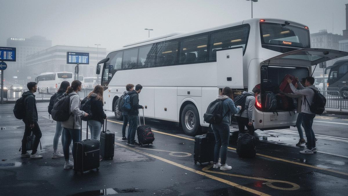 Student group with backpacks loading luggage into a tour coach before a European departure