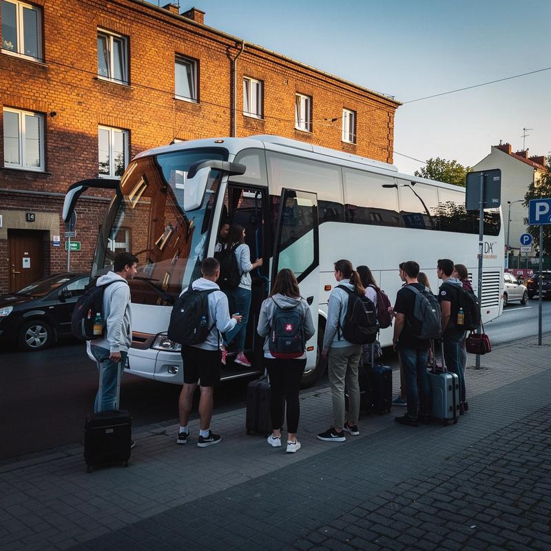Student group of 24 with backpacks boarding a coach outside a Krakow hostel