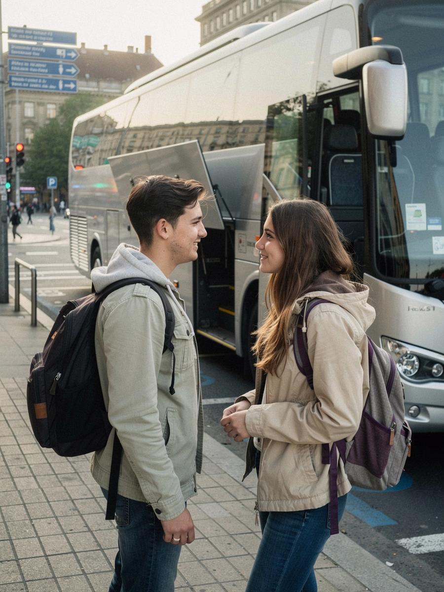 Students with backpacks boarding a coach in Kyiv before a European group departure